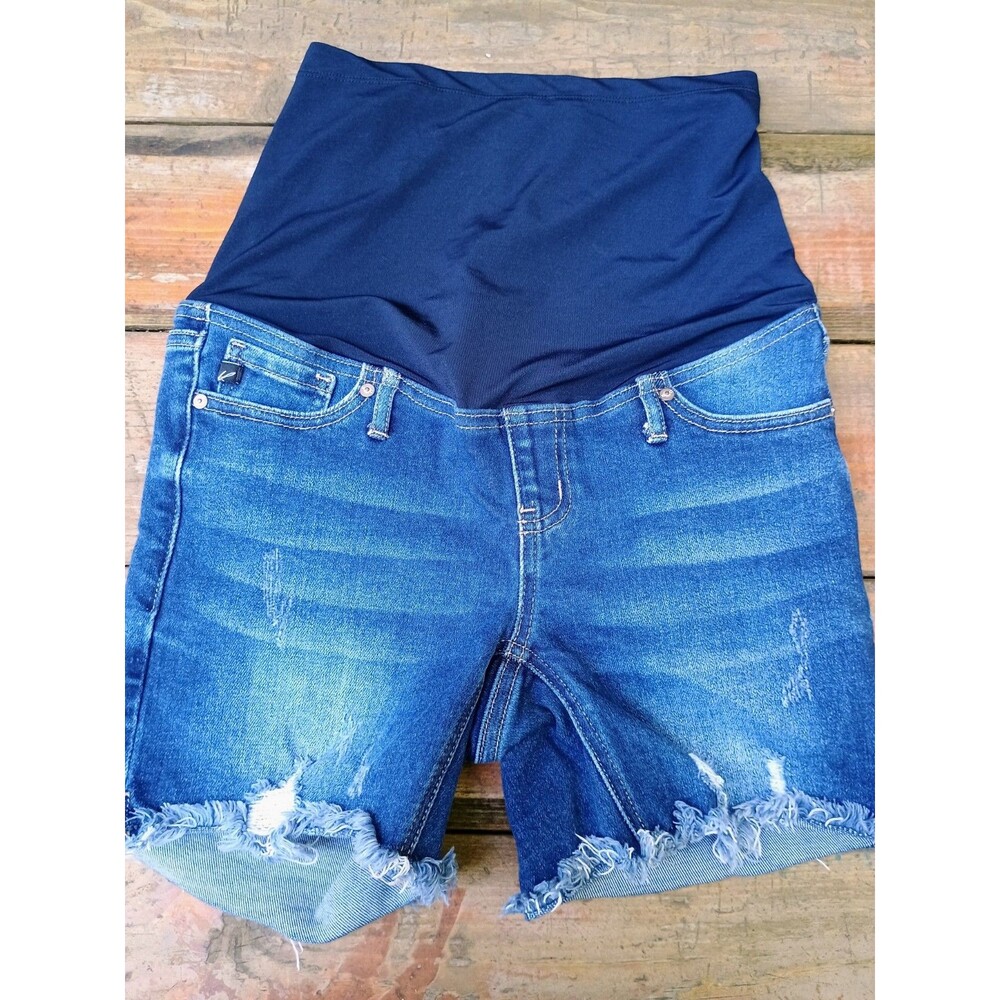 Kancan Maternity Denim Shorts Size 5/26 Dark Wash Distressed Raw Hem Stretch